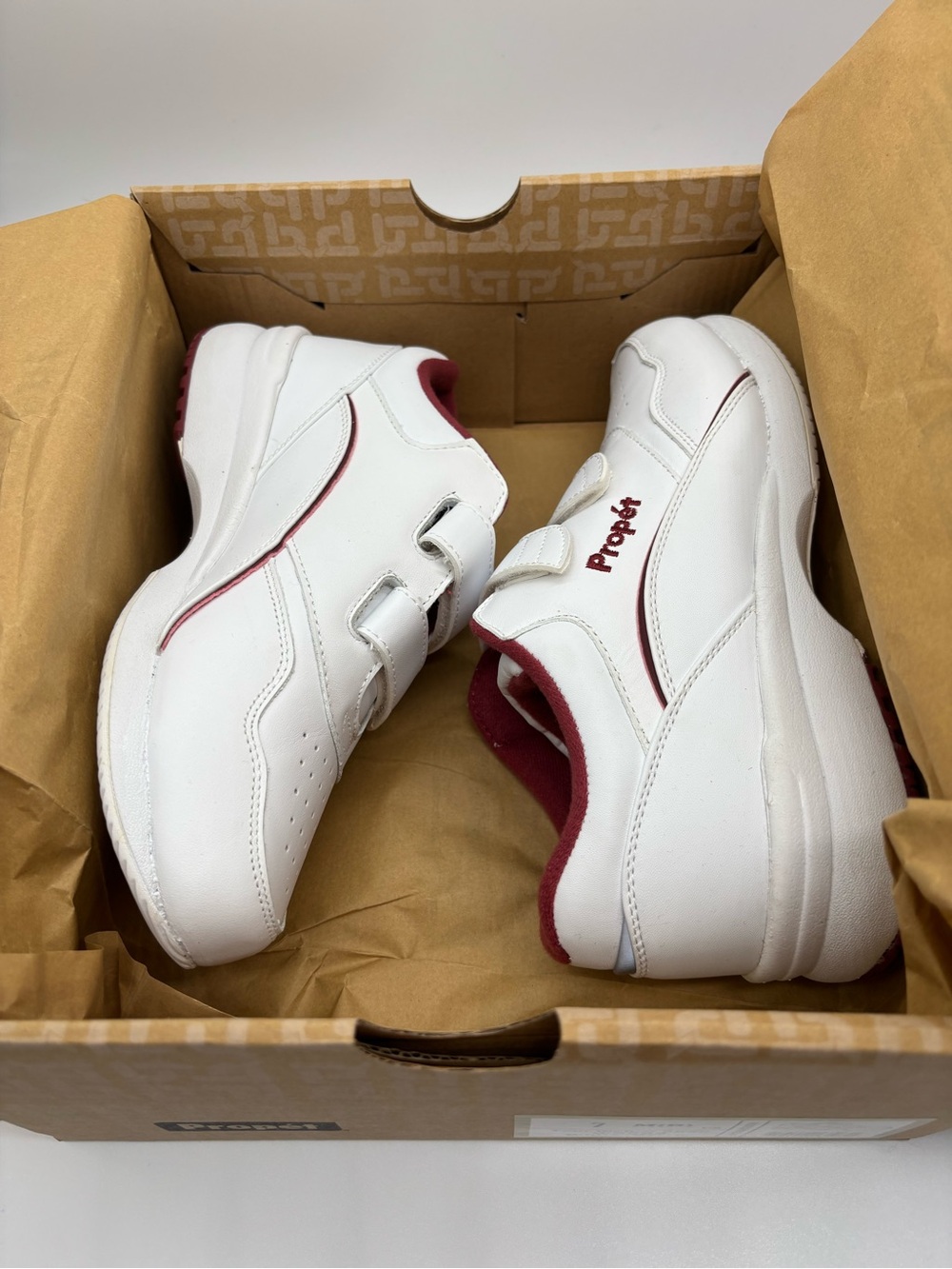 Propet White Leather Velcro Sneakers with Wine Accents